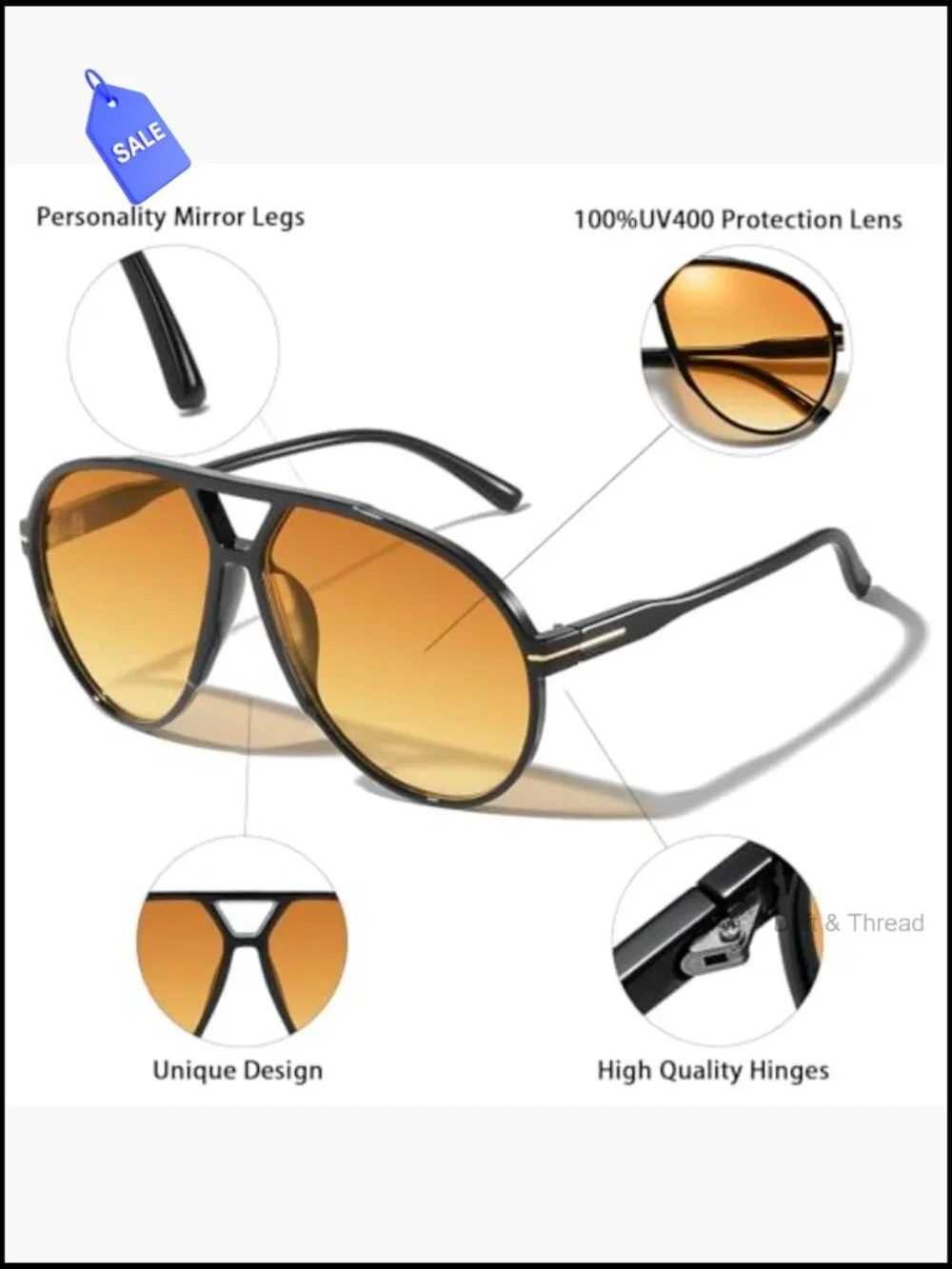 Oversized Square Sunglasses Unisex Retro Aviator UV400 Protection
